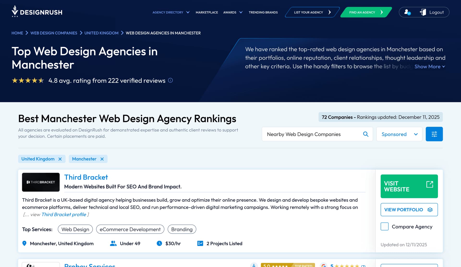 Third Bracket ranked #1 web design agency Manchester on DesignRush